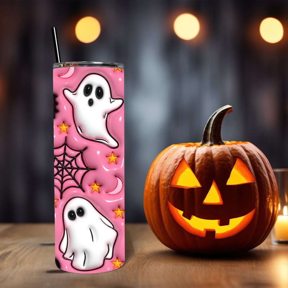 Pink Halloween 3D Ghost 20 Oz Skinny Straight Tumbler - Picture 5 of 5